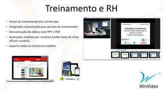 Treinamento e RH
• Portal de treinamento Out-of-the-box
• Integração customizada para portais de treinamento
• Sincronização de vídeos com PPT e PDF
• Avançadas analises por usuários (exibe taxas de drop-
off por usuário)
• Suporta todos os celulares e tablets
 