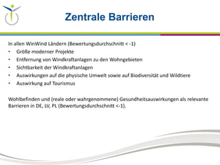 Zentrale Barrieren
In allen WinWind Ländern (Bewertungsdurchschnitt < -1)
• Größe moderner Projekte
• Entfernung von Windkraftanlagen zu den Wohngebieten
• Sichtbarkeit der Windkraftanlagen
• Auswirkungen auf die physische Umwelt sowie auf Biodiversität und Wildtiere
• Auswirkung auf Tourismus
Wohlbefinden und (reale oder wahrgenommene) Gesundheitsauswirkungen als relevante
Barrieren in DE, LV, PL (Bewertungsdurchschnitt <-1).
 