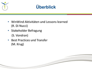 Überblick
• WinWind Aktivitäten und Lessons learned
(R. Di Nucci)
• Stakeholder Befragung
(S. Vondran)
• Best Practices und Transfer
(M. Krug)
 