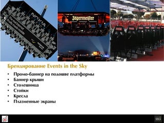 Áðрåíäèðрîâàíèå Events in the Sky
•    Ïðрîìî-áàííåðр íà ïîäîøâå ïëàòôîðрìû
•    Áàííåðр êðрûøè
•    Ñòîëåøíèöà
•    Ñòîéêè
•    Êðрåñëà
•    Ïëàçìåííûå ýэêðрàíû
 