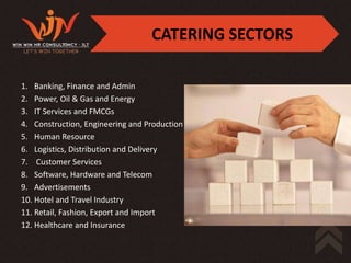 CATERING SECTORS

1. Banking, Finance and Admin
2. Power, Oil & Gas and Energy
3. IT Services and FMCGs
4. Construction, Engineering and Production
5. Human Resource
6. Logistics, Distribution and Delivery
7. Customer Services
8. Software, Hardware and Telecom
9. Advertisements
10. Hotel and Travel Industry
11. Retail, Fashion, Export and Import
12. Healthcare and Insurance
 