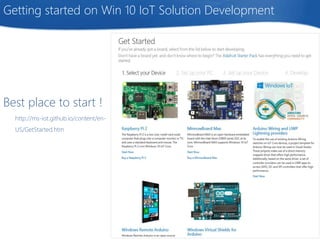 Getting started on Win 10 IoT Solution Development
Best place to start !
http://ms-iot.github.io/content/en-
US/GetStarted.htm
 