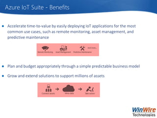 Azure IoT Suite - Benefits
● Accelerate time-to-value by easily deploying IoT applications for the most
common use cases, such as remote monitoring, asset management, and
predictive maintenance
● Plan and budget appropriately through a simple predictable business model
● Grow and extend solutions to support millions of assets
 