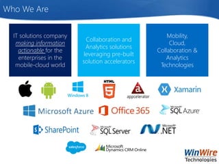 Who We Are
IT solutions company
making information
actionable for the
enterprises in the
mobile-cloud world
Mobility,
Cloud,
Collaboration &
Analytics
Technologies
Collaboration and
Analytics solutions
leveraging pre-built
solution accelerators
 