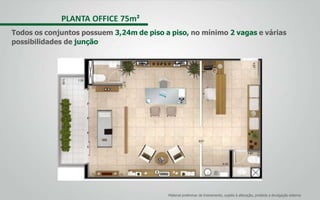 PLANTA OFFICE 75m²
Todos os conjuntos possuem 3,24m de piso a piso, no mínimo 2 vagas e várias
possibilidades de junção
Material preliminar de treinamento, sujeito à alteração, proibida a divulgação externa
 