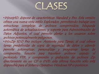 ¿PARA QUÉ SIRVE?WinZip, tal como otros compresores basados en algoritmos similares y con una GUI con los mismos paradigmas, es una herramienta potente y fácil de usar, que comprime y descomprime archivos rápidamente, permitiendo ahorrar espacio en disco y reduciendo al máximo el tiempo de transmisión de un correo electrónico.