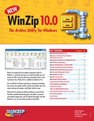 NEW
WinZip 10.0                                            ®




  The Archive Utility for Windows



                                                                       KEY FEATURES                                          Standard      Pro
                                                                                                                                            ✓
                                                                             PREDEFINED DATA BACKUP JOBS
                                                                       NEW

                                                                            ABILITY TO CREATE CUSTOM, AUTOMATED
                                                                       NEW
                                                                                                                                            ✓
                                                                       ZIPPING TASKS (ZIP JOBS)
                                                                                                                                            ✓
                                                                             SCHEDULING CAPABILITIES FOR RUNNING ZIP JOBS
                                                                       NEW

                                                                                                                                            ✓
                                                                             FTP UPLOAD FUNCTIONALITY
                                                                       NEW

                                                                                                                                            ✓
                                                                             ZIP AND BURN DIRECTLY TO CD AND DVD
                                                                       NEW

                                                                                                                                            ✓
                                                                       COMMAND LINE SUPPORT (SEPARATE DOWNLOAD)
                                                                                                                                 ✓          ✓
                                                                             IMPROVED COMPRESSION (PPMd AND bzip2)
                                                                       NEW

                                                                                                                                 ✓          ✓
                                                                             ATTACHMENT MANAGEMENT SUPPORT
                                                                       NEW
WinZip, the original and most popular compression utility for
                                                                                                                                 ✓          ✓
                                                                             EXPLORER STYLE VIEW
                                                                       NEW
Windows, is a powerful and easy-to-use tool that quickly zips and
                                                                                                                                 ✓          ✓
                                                                             QUICK FILE SELECTION
unzips your files to conserve disk space and greatly reduce e-mail     NEW

                                                                                                                                 ✓          ✓
                                                                             AUTOMATIC UPDATE CHECKING
transmission time. WinZip 10.0 is available as Standard or Pro.        NEW

                                                                                                                                 ✓          ✓
                                                                       FLEXIBLE INTERFACE; WIZARD AND CLASSIC
The new WinZip 10.0 offers powerful new compression technology                                                                   ✓          ✓
                                                                       TIGHT INTEGRATION WITH WINDOWS
that creates even smaller Zip files. And the new Explorer-style view                                                             ✓          ✓
                                                                       LARGE ZIP FILE SUPPORT
makes working with complex, multi-folder Zip files a snap.                                                                       ✓          ✓
                                                                       128- AND 256-BIT AES ENCRYPTION
                                                                                                                                 ✓          ✓
                                                                       E-MAIL SUPPORT (INCLUDING ONE CLICK ZIP & E-MAIL)
WinZip 10.0 Pro includes the WinZip Job Wizard, a powerful tool
                                                                                                                                 ✓          ✓
                                                                       SPLIT ZIP FILE CAPABILITY
that offers predefined data backup jobs, the ability to customize
                                                                                                                                 ✓          ✓
                                                                       INSTALL FEATURE
and schedule zipping tasks, and FTP-upload functionality. And with
                                                                                                                                 ✓          ✓
                                                                       CREATE SELF-EXTRACTING ARCHIVES
WinZip Pro, you can zip and burn directly on CDs/DVDs!




                               ®

                                                                                                                           WinZip Computing          ®

                                                                                                                           P.O. Box 540
                                                                                                                                                         WZ10S/7286




                                                                                                                           Mansfield, CT 06268 USA
                                                                                                                           www.winzip.com