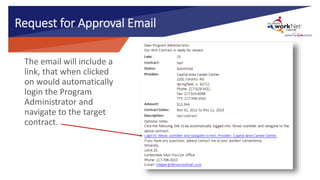 Request for Approval Email
The email will include a
link, that when clicked
on would automatically
login the Program
Administrator and
navigate to the target
contract.
 
