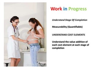 Work in Progress
Understand Stage Of Completion
Measurability (Quantifiable)
Understand the value addition of
each cost element at each stage of
completion
UNDERSTAND COST ELEMENTS
 