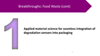 19
Applied material science for seamless integration of
degradation sensors into packaging
Breakthroughs: Food Waste (cont)
 