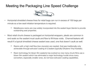 13
Meeting the Packaging Line Speed Challenge
• Horizontal shredded cheese lines for retail bags can run in excess of 150 ...