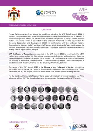 IN COOPERATION WITH
PROGRAMME WIP GLOBAL SUMMIT 2016
OVERVIEW
Female Parliamentarians from around the world are attending ...