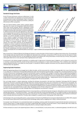 Standards Change And Evolve
As the OT threat environment continues to deteriorate, it is only
a matter of time before new regulations are enacted to deal with
increasing threats to water and wastewater. Figure 2 illustrates a
timeline of new and recent cybersecurity directives, putting the
EPA directive to PWS in perspective.
After the Colonial Pipeline incident, where a gasoline pipeline
went down for six days, the Transportation Safety Administration
(TSA) issued security directive 2021-02, subsequently revised
twice to the current TSA 2021-02C version. Like the EPA guidance,
the pipeline directive talks mostly about conventional approaches
to cybersecurity but had some new approaches as well. What’s
new is language about securing the critical boundary between IT
and OT networks. The directive states that the goal of a pipeline
operator is to prevent disruption of physical operations, even
if the IT network is crippled. The directive requires that, during
incident response activities, the IT network must be completely
separated from the OT network, so that pipeline operations
can continue “at necessary capacity” while the IT network is
restored. This means there cannot be any OT dependencies on
IT networks or services. In particular, the directive calls out “trust
relationships” as particularly dangerous dependencies that must
either be eliminated or, if they cannot, must be documented to
the TSA with a detailed plan as to how to achieve the “necessary
capacity” goal despite the trust relationship before and during an
incident.
More recently, the U.S. National Cybersecurity Strategy was released. It contains five pillars, the first of which is to defend critical infrastructure. The introduction
to the strategy makes two important points. One explains that cyberattack tools, techniques, and procedures (TTP), that were once the sole domain of nation
states with nearly unlimited resources, are now available for purchase to any attacker with money. Ransomware criminals have lots of money. These powerful
nation-grade attack tools are now a pervasive threat, targeting anyone with money.
A second point in the national strategy’s introduction is an ambitious goal: A single person’s momentary lapse in judgment, such as clicking on an insecure link
or inserting a compromised USB drive, should not have national security consequences or impact critical infrastructure. This is ambitious, but by deploying
engineering-grade protections now, utilities can meet this goal. It is possible for utilities to engineer themselves out of the cybersecurity problem, rather than
constantly chase new regulations.
Engineering-Grade Protections
While the engineering profession has managed risks to safety, the public, and the environment for a long time, managing cyber risk is new to the profession.
In June 2022, the U.S. Department of Energy (DOE) published the Cyber-Informed Engineering (CIE) Strategy, a strategy that is now being broadened to include
all critical infrastructures, including water treatment and distribution systems. A key goal of the strategy is to develop a body of engineering knowledge for
managing cyber risk, and that body of knowledge has two key components. The first and predictable part is to document cybersecurity practices relevant to
protecting industrial control systems, so that engineers can apply these practices more consistently. The second is to identify process, automation, and network
design elements that are unique to the engineering profession and can be used to address cyber risk — design elements that are not cybersecurity controls and
so do not exist in conventional cybersecurity approaches, including the NIST CSF and the IEC 62443.
One such design element is network engineering, including the techniques documented in the book Secure Operations Technology (SEC-OT).4 Network
engineering is focused on preventing cyber-sabotage attacks from reaching networks whose worst-case consequences of compromise are unacceptable. The
most common example of network engineering is the unidirectional gateway deployed at the IT/OT consequence boundary — the boundary between the IT
network whose worst-case consequences of compromise are generally acceptable business consequences and the OT network whose worst-case consequences
of compromise are unacceptable threats to public safety. The gateways permit OT data to flow into IT networks to enable business automation for efficient
operations and physically prevent any cyber-sabotage attacks from flowing back into protected OT networks.
A second example of an engineering-grade design element is manual operations as a fall-back during cyber emergencies. Being able to conduct manual operations
will take away a big lever — the threat of shut-down — from cyber-threat actors like criminal ransomware gangs. This is a change of mindset, as many engineering
teams prided themselves on eliminating manual operations a decade ago in the name of efficiency and cost savings. Operating a water treatment or distribution
system manually, while disconnected from IT during a cyber emergency, is a powerful tool for reducing cyber risk to public safety.
A third example is the use of analog safety systems, as documented in the text Security PHA Review for Consequence-Based Cybersecurity (SPR).5 SPR is adapted
from the well-known OSHA process hazard analysis (PHA) methodology, widely used for mitigating risks to safety in industrial processes.
For example, if your life depends on an automated steam boiler not exploding, would you prefer that the boiler be engineered with redundant mechanical over-
pressure release valves or a longer password on the boiler’s programmable logic controller? Security PHA review is a way to identify cyber risks to safety and
recommends the deployment of un-hackable analog safety devices as backups to digital safety systems.
All these examples are unique to the engineering domain. Where is a manual fall-back, or over-pressure valve, or unidirectional gateway in the NIST CSF or IEC
Figure 2. A timeline of US recent government cybersecurity regulations
Page 14
 