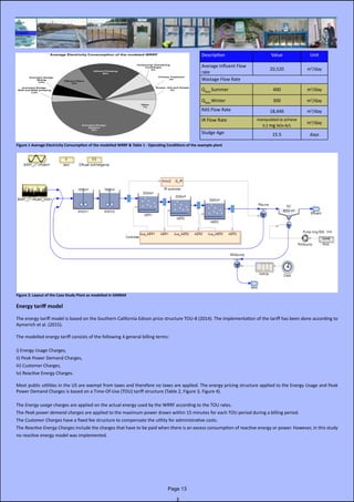 Description Value Unit
Average Influent Flow
rate
20,520 m3
/day
Wastage Flow Rate
QWAS
Summer 400 m3
/day
QWAS
Winter 300 m3
/day
RAS Flow Rate 18,446 m3
/day
IR Flow Rate manipulated to achieve
0.2 mg NOx-N/L
m3
/day
Sludge Age 15.5 days
Figure 1 Average Electricity Consumption of the modelled WRRF & Table 1 - Operating Conditions of the example plant
Figure 2: Layout of the Case Study Plant as modelled in SIMBA#
Energy tariff model
The energy tariff model is based on the Southern California Edison price structure TOU-8 (2014). The implementation of the tariff has been done according to
Aymerich et al. (2015).
The modelled energy tariff consists of the following 4 general billing terms:
i) Energy Usage Charges,
ii) Peak Power Demand Charges,
iii) Customer Charges,
Iv) Reactive Energy Charges.
Most public utilities in the US are exempt from taxes and therefore no taxes are applied. The energy pricing structure applied to the Energy Usage and Peak
Power Demand Charges is based on a Time-Of-Use (TOU) tariff structure (Table 2, Figure 3, Figure 4).
The Energy usage charges are applied on the actual energy used by the WRRF according to the TOU rates.
The Peak power demand charges are applied to the maximum power drawn within 15 minutes for each TOU period during a billing period.
The Customer Charges have a fixed fee structure to compensate the utility for administrative costs.
The Reactive Energy Charges include the charges that have to be paid when there is an excess consumption of reactive energy or power. However, in this study
no reactive energy model was implemented.
Page 13
 