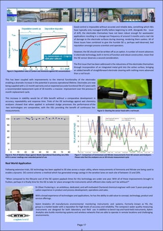 Good control is impossible without accurate and reliable data, something which ISEs
have typically only managed briefly before beginning to drift. Alongside the   issue
of drift, the electrodes themselves have not been robust enough for wastewater               
applications resulting in a change-out frequency of around 3 months and a real risk
of damage to the electrode surfaces during cleaning, rendering them useless. All of
these issues have combined to give the humble ISE a, perhaps well-deserved, bad
reputation amongst process scientists and operators.
However, the ISE should not be written off as an option. A number of recent advances
in electrode technology, both in terms of function and robust construction, mean that
the ISE sensor deserves a second consideration.
The first issue that has been addressed is the robustness of the electrodes themselves
through incorporation of an integrated metal grid into the active surface, bringing
an added benefit of straightforward electrode cleaning with nothing more advanced
than a nail brush.
This has been coupled with improvements to the internal functionality of the electrodes                        
enabling a dramatic increase in the potential in-process operational lifetime. Electrodes are now
being supplied with a 12 month warranty and an expected accurate functional life of 2 years with
a recommended replacement cycle of 18 months: a massive  improvement over the previous 3
month replacement cycle.
This increase in stability would be of little benefit without a comparative development in                  
accuracy, repeatability and response time. Trials of the ISE technology against wet chemistry
analysers  showed  that  when  applied  in  activated  sludge  processes  the  performance of the
two  technologies  are  comparative,  with  the  ISEs  providing  the  benefit  of  continuous  live
measurements.
Real World Application
Following extensive trials, ISE technology has been applied to 30 sites across a major utility, where measurements of Ammonia and Nitrate are being used to
enable a dynamic  DO control scheme: a method which has generated energy savings in the aeration lanes on each site of between 15 and 20%.
“When compared to the lifecycle cost of the ISE system payback times for this technology are under one year. With all of these improvements brought to                
fruition, perhaps it is finally time for the ISE to take its’ place amongst the instruments which efficient sites really can’t be without?”
Figure 4. Degradation rates of Carbon and Ammonia against DO concentrations
Figure 5: Cleaning the sensor head with a nail brush.
Figure 6. Plot of Relative Slope against Weeks Operational illustrating very little
drift in sensor readings over extended period of use
Figure 7. Comparison of Ammonium and Nitrate measurements from ISE sensors and Analysers.
Please note that the analysers are on 30 minute measurement cycle
Dr Oliver Puckering is  an ambitious, dedicated, and self-motivated Chartered chemical engineer with over 5 years post-grad-
uation experience in product and process development, operations and sales.
With a broad experience of technologies and applications, he has the ability to add value to concept, technology, product and
service offerings.
Xylem  Analytics  UK  manufactures  environmental   monitoring   instruments   and   systems.  Formerly  known  as  YSI,  the
group is a market leader with a reputation for high levels of accuracy and reliability. The company’s water quality measuring                       
instruments  are  designed  for  both  laboratory  and  field   use. In addition to bench top and hand-held instruments, Xylem
Analytics also builds monitoring systems and wireless networks that are able to operate in remote locations and challenging
environments.
Page 17
 