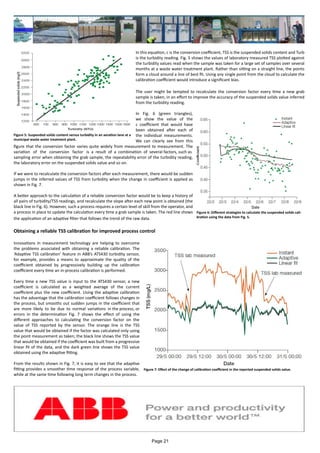 In this equation, c is the conversion coefficient, TSS is the suspended solids content and Turb
is the turbidity reading. Fig. 5 shows the values of laboratory measured TSS plotted against
the turbidity values read when the sample was taken for a large set of samples over several
months at a waste water treatment plant. Rather than sitting on a straight line, the points
form a cloud around a line of best fit. Using any single point from the cloud to calculate the
calibration coefficient would introduce a significant bias.
The user might be tempted to recalculate the conversion factor every time a new grab
sample is taken, in an effort to improve the accuracy of the suspended solids value inferred
from the turbidity reading.
In Fig. 6 (green triangles),
we show the value of the
c coefficient that would have
been obtained after each of
the individual measurements.
We can clearly see from this
figure that the conversion factor varies quite widely from measurement to measurement. The
variation of the conversion factor is a result of a combination of several factors, such as
sampling error when obtaining the grab sample, the repeatability error of the turbidity reading,
the laboratory error on the suspended solids value and so on.
If we were to recalculate the conversion factors after each measurement, there would be sudden
jumps in the inferred values of TSS from turbidity when the change in coefficient is applied as
shown in Fig. 7.
A better approach to the calculation of a reliable conversion factor would be to keep a history of
all pairs of turbidity/TSS readings, and recalculate the slope after each new point is obtained (the
black line in Fig. 6). However, such a process requires a certain level of skill from the operator, and
a process in place to update the calculation every time a grab sample is taken. The red line shows
the application of an adaptive filter that follows the trend of the raw data.
Obtaining a reliable TSS calibration for improved process control
Innovations in measurement technology are helping to overcome
the problems associated with obtaining a reliable calibration. The
‘Adaptive TSS calibration’ feature in ABB’s ATS430 turbidity sensor,
for example, provides a means to approximate the quality of the
coefficient obtained by progressively building up the calibration
coefficient every time an in-process calibration is performed.
Every time a new TSS value is input to the ATS430 sensor, a new
coefficient is calculated as a weighted average of the current
coefficient plus the new coefficient. Using the adaptive calibration
has the advantage that the calibration coefficient follows changes in
the process, but smooths out sudden jumps in the coefficient that
are more likely to be due to normal variations in the process, or
errors in the determination Fig. 7 shows the effect of using the
different approaches to calculating the conversion factor on the
value of TSS reported by the sensor. The orange line is the TSS
value that would be obtained if the factor was calculated only using
the point measurement as taken; the black line shows the TSS value
that would be obtained if the coefficient was built from a progressive
linear fit of the data, and the dark green line shows the TSS value
obtained using the adaptive fitting.
From the results shown in Fig. 7, it is easy to see that the adaptive
fitting provides a smoother time response of the process variable,
while at the same time following long term changes in the process.
Figure 5: Suspended solids content versus turbidity in an aeration lane at a
municipal waste water treatment plant.
Figure 6: Different strategies to calculate the suspended solids cali-
bration using the data from Fig. 5.
Figure 7: Effect of the change of calibration coefficient in the reported suspended solids value.
Page 21
 