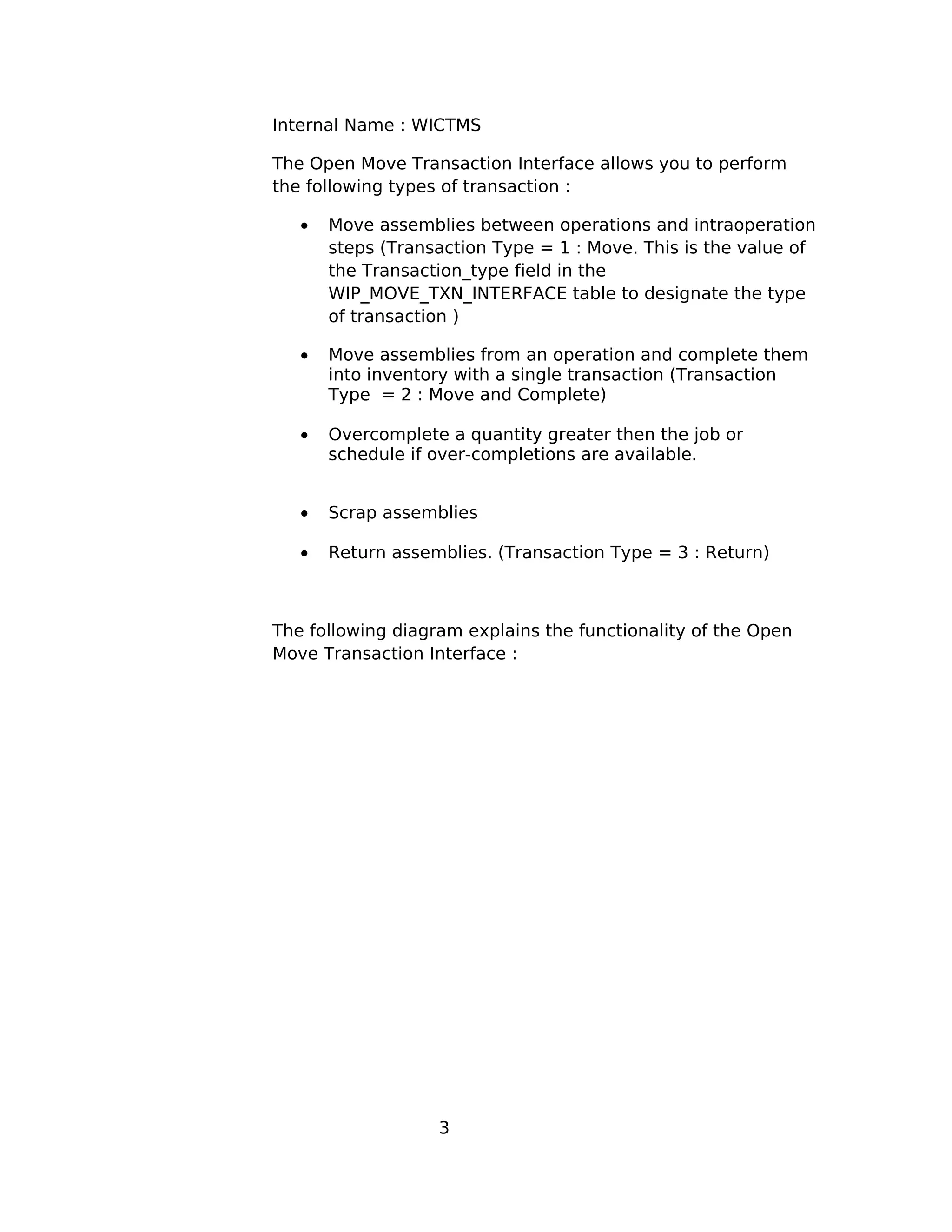 Internal Name : WICTMS
The Open Move Transaction Interface allows you to perform
the following types of transaction :
• Move assemblies between operations and intraoperation
steps (Transaction Type = 1 : Move. This is the value of
the Transaction_type field in the
WIP_MOVE_TXN_INTERFACE table to designate the type
of transaction )
• Move assemblies from an operation and complete them
into inventory with a single transaction (Transaction
Type = 2 : Move and Complete)
• Overcomplete a quantity greater then the job or
schedule if over-completions are available.
• Scrap assemblies
• Return assemblies. (Transaction Type = 3 : Return)
The following diagram explains the functionality of the Open
Move Transaction Interface :
3
 