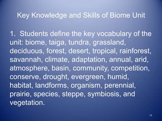 Key Knowledge and Skills of Biome Unit

1. Students define the key vocabulary of the
unit: biome, taiga, tundra, grassland,
deciduous, forest, desert, tropical, rainforest,
savannah, climate, adaptation, annual, arid,
atmosphere, basin, community, competition,
conserve, drought, evergreen, humid,
habitat, landforms, organism, perennial,
prairie, species, steppe, symbiosis, and
vegetation.
                                               11
 