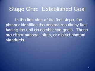 Stage One: Established Goal
     In the first step of the first stage, the
planner identifies the desired results by first
basing the unit on established goals. These
are either national, state, or district content
standards.




                                                  4
 