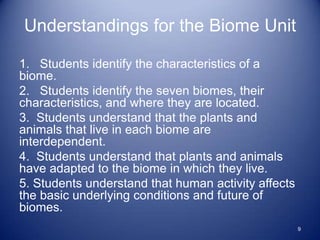 Understandings for the Biome Unit

1. Students identify the characteristics of a
biome.
2. Students identify the seven biomes, their
characteristics, and where they are located.
3. Students understand that the plants and
animals that live in each biome are
interdependent.
4. Students understand that plants and animals
have adapted to the biome in which they live.
5. Students understand that human activity affects
the basic underlying conditions and future of
biomes.
                                                     9
 