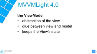 MVVMLight 4.0
            the ViewModel
            • abstraction of the view
            • glue between view and model
            • keeps the View‟s state




26/04/201
2
 