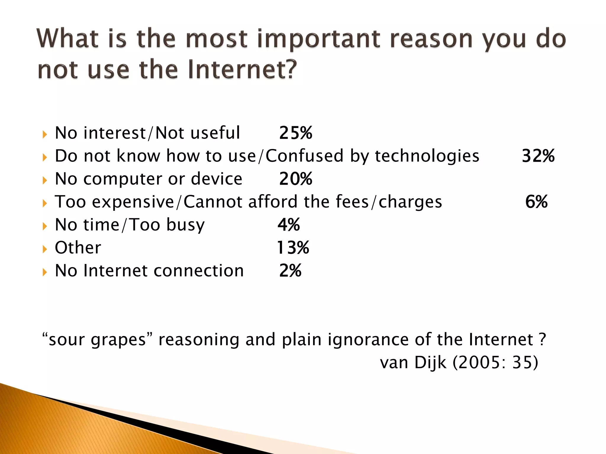  No interest/Not useful 25%
 Do not know how to use/Confused by technologies 32%
 No computer or device 20%
 Too expensive/Cannot afford the fees/charges 6%
 No time/Too busy 4%
 Other 13%
 No Internet connection 2%
“sour grapes” reasoning and plain ignorance of the Internet ?
van Dijk (2005: 35)
 