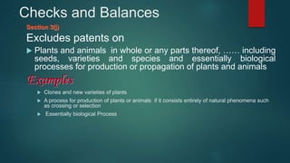 Checks and Balances
Section 3(j)
Excludes patents on
 Plants and animals in whole or any parts thereof, …… including
seeds, varieties and species and essentially biological
processes for production or propagation of plants and animals
Examples
 Clones and new varieties of plants
 A process for production of plants or animals if it consists entirely of natural phenomena such
as crossing or selection
 Essentially biological Process
 