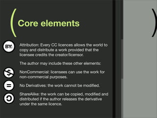(   Core elements

    Attribution: Every CC licences allows the world to
                                                         )
    copy and distribute a work provided that the
    licensee credits the creator/licensor.

    The author may include these other elements:

    NonCommercial: licensees can use the work for
    non-commercial purposes.

    No Derivatives: the work cannot be modiﬁed.

    ShareAlike: the work can be copied, modiﬁed and
    distributed if the author releases the derivative
    under the same licence.
 