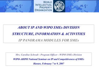 ABOUT IP AND WIPO SMEs DIVISION
STRUCTURE, INFORMATION & ACTIVITIES
IP PANORAMA MODULES FOR SMEs
Mrs. Caroline Schwab - Program Officer - WIPO SMEs Division
WIPO-ARIPO National Seminar on IP and Competitiveness of SMEs
Harare, February 7 to 9, 2007
 