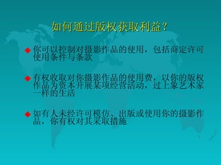 如何通过版权获取利益？  你可以控制对摄影作品的使用，包括商定许可使用条件与条款  有权收取对你摄影作品的使用费，以你的版权作品为资本开展某项经营活动，过上象艺术家一样的生活  如有人未经许可模仿、出版或使用你的摄影作品，你有权对其采取措施  