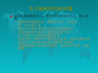 关于版权的侵权问题 如果你是版权持有人，则需要你事先许可后，他人才能： 复制你的摄影作品，哪怕是其中一小部分  第一次公诸于众  通过电子邮件或传真发送你的摄影作品  将你的摄影作品用于电影或电视节目  在互联网上使用你的摄影作品  从境外进口你的某个摄影作品复件，然后传播牟利  通过电子手段更改你某个摄影作品图像  用你的摄影作品来制作雕塑，或者进行印刷，或者临摹  