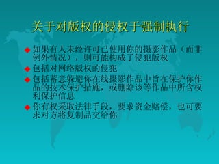 关于对版权的侵权于强制执行  如果有人未经许可已使用你的摄影作品（而非例外情况），则可能构成了侵犯版权  包括对网络版权的侵犯  包括蓄意躲避你在线摄影作品中旨在保护你作品的技术保护措施，或删除该等作品中所含权利保护信息  你有权采取法律手段，要求资金赔偿，也可要求对方将复制品交给你  