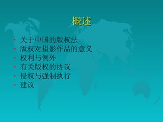 概述 关于中国的版权法  版权对摄影作品的意义  权利与例外  有关版权的协议  侵权与强制执行  建议 