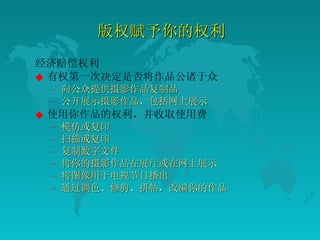 版权赋予你的权利  经济赔偿权利 有权第一次决定是否将作品公诸于众  向公众提供摄影作品复制品  公开展示摄影作品，包括网上展示  使用你作品的权利，并收取使用费  模仿或复印  扫描或复印  复制数字文件  将你的摄影作品在展厅或在网上展示  将图像用于电视节目播出  通过调色、修剪、拼帖，改编你的作品  