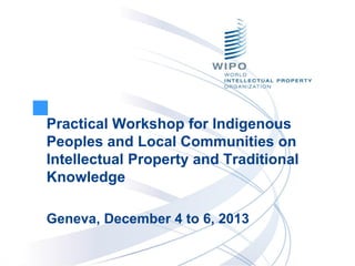 Practical Workshop for Indigenous Peoples and Local Communities on Intellectual Property and Traditional Knowledge 
Geneva, December 4 to 6, 2013  