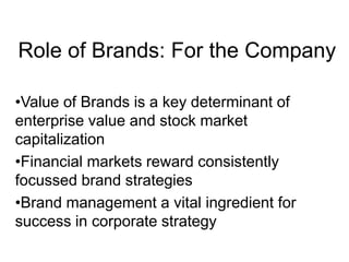 Role of Brands: For the Company
•Value of Brands is a key determinant of
enterprise value and stock market
capitalization
•Financial markets reward consistently
focussed brand strategies
•Brand management a vital ingredient for
success in corporate strategy
 
