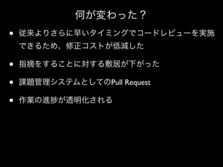 何が変わった？

•

従来よりさらに早いタイミングでコードレビューを実施
できるため、修正コストが低減した

•
•
•

指摘をすることに対する敷居が下がった
課題管理システムとしてのPull Request
作業の進

が透明化される

 