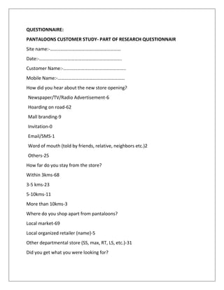 QUESTIONNAIRE:
PANTALOONS CUSTOMER STUDY- PART OF RESEARCH QUESTIONNAIR
Site name:-……………………………………………………
Date:-…………………………………………………………….
Customer Name:-……………………………………………..
Mobile Name:-…………………………………………………
How did you hear about the new store opening?
Newspaper/TV/Radio Advertisement-6
Hoarding on road-62
Mall branding-9
Invitation-0
Email/SMS-1
Word of mouth (told by friends, relative, neighbors etc.)2
Others-25
How far do you stay from the store?
Within 3kms-68
3-5 kms-23
5-10kms-11
More than 10kms-3
Where do you shop apart from pantaloons?
Local market-69
Local organized retailer (name)-5
Other departmental store (SS, max, RT, LS, etc.)-31
Did you get what you were looking for?
 