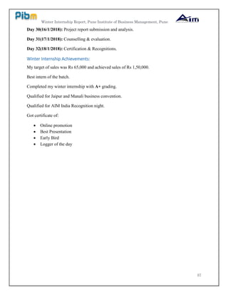 Winter Internship Report, Pune Institute of Business Management, Pune
37
Day 30(16/1/2018): Project report submission and analysis.
Day 31(17/1/2018): Counselling & evaluation.
Day 32(18/1/2018): Certification & Recognitions.
Winter Internship Achievements:
My target of sales was Rs 65,000 and achieved sales of Rs 1,50,000.
Best intern of the batch.
Completed my winter internship with A+ grading.
Qualified for Jaipur and Manali business convention.
Qualified for AIM India Recognition night.
Got certificate of:
 Online promotion
 Best Presentation
 Early Bird
 Logger of the day
 
