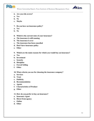 Winter Internship Report, Pune Institute of Business Management, Pune
54
6. Are you risk averse?
a. Yes
b. No
c. Maybe
7. Do you have an insurance policy?
a. Yes
b. No
8. Which is the current state of your insurance?
a. The insurance is still running
b. The insurance is over
c. The insurance has been cancelled
d. Don't have insurance policy
e. Other
9. Which are the main reasons for which you would buy an insurance?
a. Tax
b. Investment
c. Security
d. Discipline
e. Forced Selling
f. Other
10. What criteria you use for choosing the insurance company?
a. Services
b. Trust
c. Publicity
d. Recommendation
e. Agents
f. Characteristics of Product
g. Other
11. How do you prefer to buy an insurance?
a. Insurance Agent
b. Direct from agency
c. Online
d. Other
 