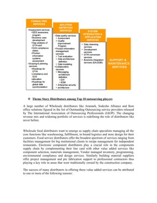  Theme Story Distributors among Top 10 outsourcing players

A large number of Wholesale distributors like Aramark, Sodexho Alliance and Ikon
office solutions figured in the list of Outstanding Outsourcing service providers released
by The International Association of Outsourcing Professionals (IAOP). The changing
revenue mix and widening portfolio of services is redefining the role of distributors like
never before.


Wholesale food distributors want to emerge as supply chain specialists managing all the
core functions like warehousing, fulfillment, in bound logistics and store design for their
customers. Food service distributors offer the broadest spectrum of services ranging from
facilities management for big institutional clients to recipe management for independent
restaurants. Electronic component distributors play a crucial role in the components
supply chain by complementing their line card with other value added services like
component selection, materials management, Vendor managed inventory, programming,
environmental compliance and design services. Similarly building material suppliers
offer project management and pre fabrication support to professional contractors thus
playing a key role in areas that were traditionally owned by the construction company.

The success of many distributors in offering these value added services can be attributed
to one or more of the following reasons:
 