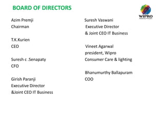BOARD OF DIRECTORS
Azim Premji
Chairman
T.K.Kurien
CEO
Suresh c .Senapaty
CFO
Girish Paranji
Executive Director
&Joint CEO IT Business

Suresh Vaswani
Executive Director
& Joint CEO IT Business
Vineet Agarwal
president, Wipro
Consumer Care & lighting

Bhanumurthy Ballapuram
COO

 