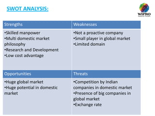 SWOT ANALYSIS:
Strengths

Weaknesses

•Skilled manpower
•Multi domestic market
philosophy
•Research and Development
•Low cost advantage

•Not a proactive company
•Small player in global market
•Limited domain

Opportunities

Threats

•Huge global market
•Huge potential in domestic
market

•Competition by Indian
companies in domestic market
•Presence of big companies in
global market
•Exchange rate

 