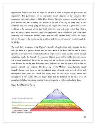organizational behavior and how to make use of them in order to improve the performance of 
organization. The performance of an organization majorly depends on the workforce. No 
organization can excel without a skillful labor though it has other resources available such as a 
good infrastructure and technology etc because at the end of the day tits being used by the 
workforce who are actually going to produce the output. Thus there is a great need for the 
workforce to be motivated so that they don’t loose their focus and apply best of their effort in 
order to produce better result and enhance the performance of an organization. Few of the most 
commonly used motivational theories comes from the need theories which discuss and sheds 
light on the needs of the people and the conditions and the way in which they want the needs to 
be fulfilled. 
The need theory comprises of the Maslow’s hierarchy of needs theory and it explains the five 
types of needs in a pyramid format with the basic needs at the lower end and then it moves 
upwards covering the more complicated needs of people such as social, security, esteem and self 
actualization needs. So basically if a person’s different needs will be fulfilled then the person 
will be more satisfied and feel secure and happy and will be able to focus his mind more on the 
work because he will be free from these basic problems and thus the worker will be able to 
perform efficiently and optimally. The lower end of the Maslow’s needs hierarchy model 
basically discusses and focus on the physiological needs of people such as food, shelter and 
clothing.once these needs are fulfilled then people want that they should achieve respect and 
recognization in the society. Maslows theory thinks that the fulfillment of the basic needs of 
peope has the highest motivating potential to drive the people to perform and achieve them. 
23 
Figure 5.1 : Maslow’s Theory 
Source: www.googleimages.com 
 