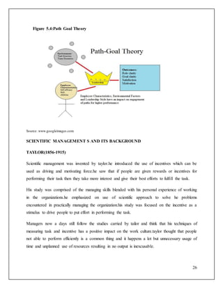 26 
Figure 5.4:Path Goal Theory 
Source: www.googleimages.com 
SCIENTIFIC MANAGEMENT S AND ITS BACKGROUND 
TAYLOR(1856-1915) 
Scientific management was invented by taylor.he introduced the use of incentives which can be 
used as driving and motivating force.he saw that if people are given rewards or incentives for 
performing their task then they take more interest and give their best efforts to fulfill the task. 
His study was comprised of the managing skills blended with his personal experience of working 
in the organizations.he emphasized on use of scientific approach to solve he problems 
encountered in practically managing the organization.his study was focused on the incentive as a 
stimulus to drive people to put effort in performing the task. 
Managers now a days still follow the studies carried by tailor and think that his techniques of 
measuring task and incentive has a positive impact on the work culture.taylor thought that people 
not able to perform efficiently is a common thing and it happens a lot but unnecessary usage of 
time and unplanned use of resources resulting in no output is inexcusable. 
 