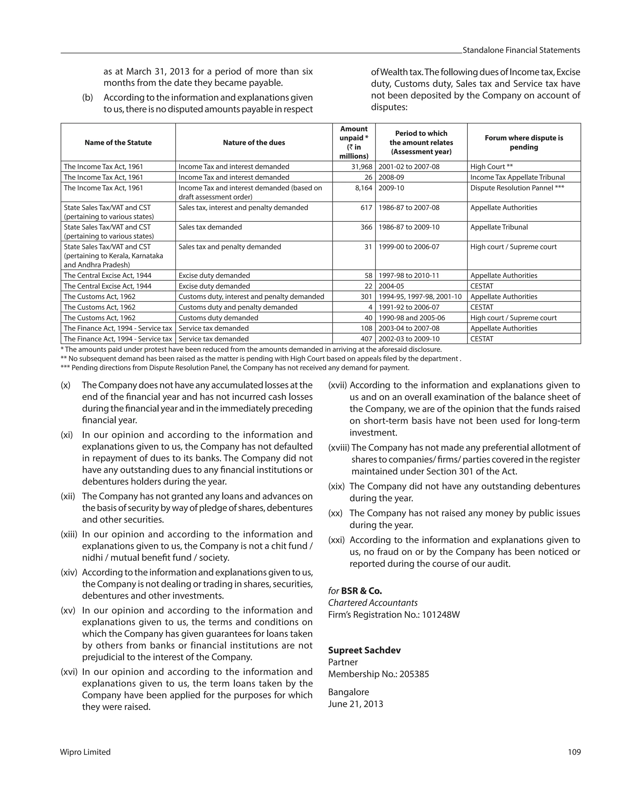 Standalone Financial Statements
Wipro Limited 109
as at March 31, 2013 for a period of more than six
months from the date they became payable.
(b) According to the information and explanations given
tous,thereisnodisputedamountspayableinrespect
ofWealthtax.ThefollowingduesofIncometax,Excise
duty, Customs duty, Sales tax and Service tax have
not been deposited by the Company on account of
disputes:
Name of the Statute Nature of the dues
Amount
unpaid *
(` in
millions)
Period to which
the amount relates
(Assessment year)
Forum where dispute is
pending
The Income Tax Act, 1961 Income Tax and interest demanded 31,968 2001-02 to 2007-08 High Court **
The Income Tax Act, 1961 Income Tax and interest demanded 26 2008-09 Income Tax Appellate Tribunal
The Income Tax Act, 1961 Income Tax and interest demanded (based on
draft assessment order)
8,164 2009-10 Dispute Resolution Pannel ***
State Sales Tax/VAT and CST
(pertaining to various states)
Sales tax, interest and penalty demanded 617 1986-87 to 2007-08 Appellate Authorities
State Sales Tax/VAT and CST
(pertaining to various states)
Sales tax demanded 366 1986-87 to 2009-10 Appellate Tribunal
State Sales Tax/VAT and CST
(pertaining to Kerala, Karnataka
and Andhra Pradesh)
Sales tax and penalty demanded 31 1999-00 to 2006-07 High court / Supreme court
The Central Excise Act, 1944 Excise duty demanded 58 1997-98 to 2010-11 Appellate Authorities
The Central Excise Act, 1944 Excise duty demanded 22 2004-05 CESTAT
The Customs Act, 1962 Customs duty, interest and penalty demanded 301 1994-95, 1997-98, 2001-10 Appellate Authorities
The Customs Act, 1962 Customs duty and penalty demanded 4 1991-92 to 2006-07 CESTAT
The Customs Act, 1962 Customs duty demanded 40 1990-98 and 2005-06 High court / Supreme court
The Finance Act, 1994 - Service tax Service tax demanded 108 2003-04 to 2007-08 Appellate Authorities
The Finance Act, 1994 - Service tax Service tax demanded 407 2002-03 to 2009-10 CESTAT
* The amounts paid under protest have been reduced from the amounts demanded in arriving at the aforesaid disclosure.
** No subsequent demand has been raised as the matter is pending with High Court based on appeals filed by the department .
*** Pending directions from Dispute Resolution Panel, the Company has not received any demand for payment.
(x) TheCompanydoesnothaveanyaccumulatedlossesatthe
end of the financial year and has not incurred cash losses
duringthefinancialyearandintheimmediatelypreceding
financial year.
(xi) In our opinion and according to the information and
explanations given to us, the Company has not defaulted
in repayment of dues to its banks. The Company did not
have any outstanding dues to any financial institutions or
debentures holders during the year.
(xii) The Company has not granted any loans and advances on
thebasisofsecuritybywayofpledgeofshares,debentures
and other securities.
(xiii) In our opinion and according to the information and
explanations given to us, the Company is not a chit fund /
nidhi / mutual benefit fund / society.
(xiv) According tothe informationandexplanationsgiventous,
the Company is not dealing or trading in shares, securities,
debentures and other investments.
(xv) In our opinion and according to the information and
explanations given to us, the terms and conditions on
which the Company has given guarantees for loans taken
by others from banks or financial institutions are not
prejudicial to the interest of the Company.
(xvi) In our opinion and according to the information and
explanations given to us, the term loans taken by the
Company have been applied for the purposes for which
they were raised.
(xvii) According to the information and explanations given to
us and on an overall examination of the balance sheet of
the Company, we are of the opinion that the funds raised
on short-term basis have not been used for long-term
investment.
(xviii) The Company has not made any preferential allotment of
shares to companies/ firms/ parties covered in the register
maintained under Section 301 of the Act.
(xix) The Company did not have any outstanding debentures
during the year.
(xx) The Company has not raised any money by public issues
during the year.
(xxi) According to the information and explanations given to
us, no fraud on or by the Company has been noticed or
reported during the course of our audit.
for BSR & Co.
Chartered Accountants
Firm’s Registration No.: 101248W
Supreet Sachdev
Partner
Membership No.: 205385
Bangalore
June 21, 2013
 