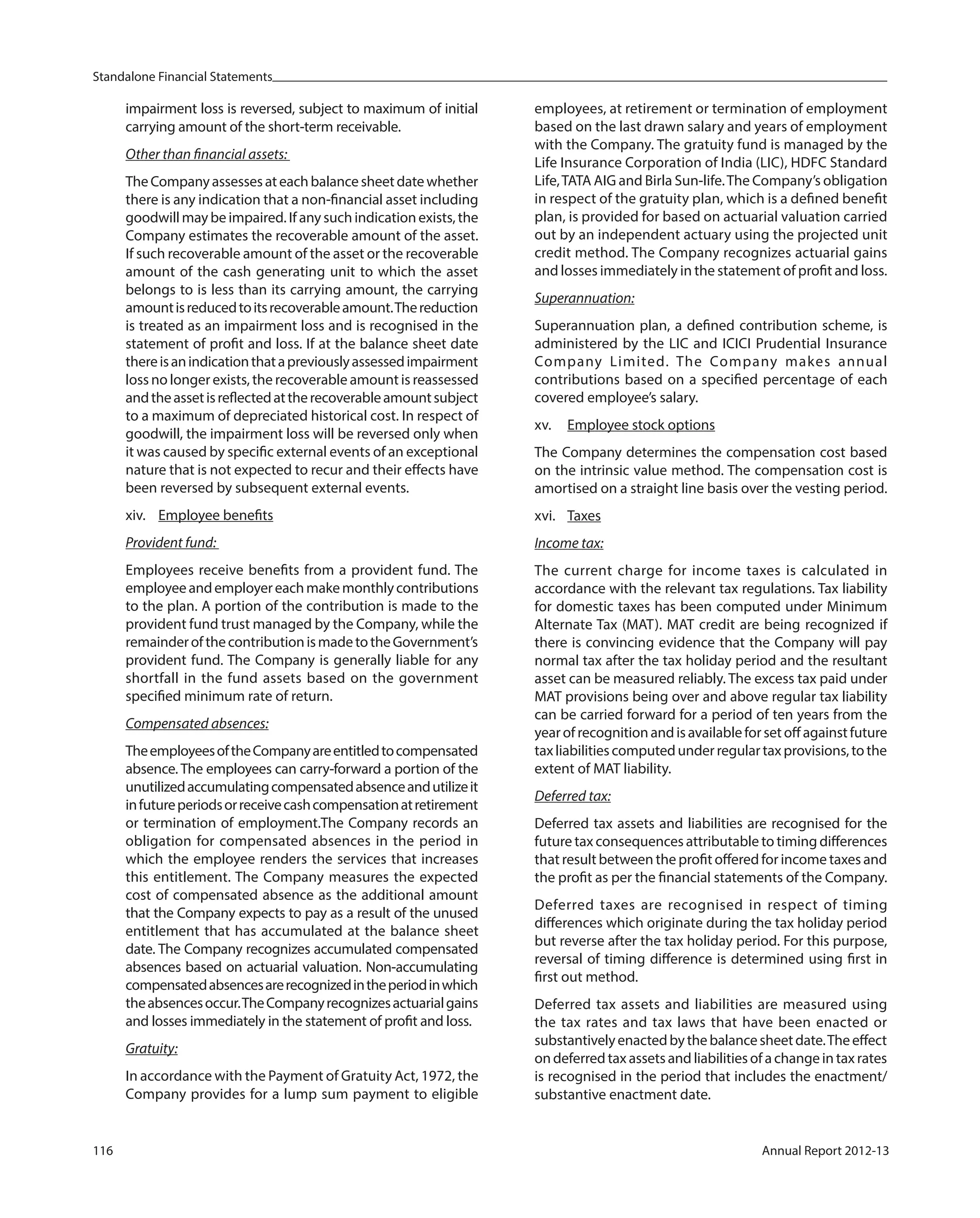 Standalone Financial Statements
116 Annual Report 2012-13
impairment loss is reversed, subject to maximum of initial
carrying amount of the short-term receivable.
Other than financial assets:
TheCompanyassessesateachbalancesheetdatewhether
there is any indication that a non-financial asset including
goodwill may be impaired. If any such indication exists, the
Company estimates the recoverable amount of the asset.
If such recoverable amount of the asset or the recoverable
amount of the cash generating unit to which the asset
belongs to is less than its carrying amount, the carrying
amountisreducedtoitsrecoverableamount.Thereduction
is treated as an impairment loss and is recognised in the
statement of profit and loss. If at the balance sheet date
thereisanindicationthatapreviouslyassessedimpairment
loss no longer exists, the recoverable amount is reassessed
andtheassetisreflectedattherecoverableamountsubject
to a maximum of depreciated historical cost. In respect of
goodwill, the impairment loss will be reversed only when
it was caused by specific external events of an exceptional
nature that is not expected to recur and their effects have
been reversed by subsequent external events.
xiv. Employee benefits
Provident fund:
Employees receive benefits from a provident fund. The
employeeandemployereachmakemonthlycontributions
to the plan. A portion of the contribution is made to the
provident fund trust managed by the Company, while the
remainderofthecontributionismadetotheGovernment’s
provident fund. The Company is generally liable for any
shortfall in the fund assets based on the government
specified minimum rate of return.
Compensated absences:
TheemployeesoftheCompanyareentitledtocompensated
absence. The employees can carry-forward a portion of the
unutilizedaccumulatingcompensatedabsenceandutilizeit
infutureperiodsorreceivecashcompensationatretirement
or termination of employment.The Company records an
obligation for compensated absences in the period in
which the employee renders the services that increases
this entitlement. The Company measures the expected
cost of compensated absence as the additional amount
that the Company expects to pay as a result of the unused
entitlement that has accumulated at the balance sheet
date. The Company recognizes accumulated compensated
absences based on actuarial valuation. Non-accumulating
compensatedabsencesarerecognizedintheperiodinwhich
theabsencesoccur.TheCompanyrecognizesactuarialgains
and losses immediately in the statement of profit and loss.
Gratuity:
In accordance with the Payment of Gratuity Act, 1972, the
Company provides for a lump sum payment to eligible
employees, at retirement or termination of employment
based on the last drawn salary and years of employment
with the Company. The gratuity fund is managed by the
Life Insurance Corporation of India (LIC), HDFC Standard
Life,TATA AIG and Birla Sun-life.The Company’s obligation
in respect of the gratuity plan, which is a defined benefit
plan, is provided for based on actuarial valuation carried
out by an independent actuary using the projected unit
credit method. The Company recognizes actuarial gains
and losses immediately in the statement of profit and loss.
Superannuation:
Superannuation plan, a defined contribution scheme, is
administered by the LIC and ICICI Prudential Insurance
Company Limited. The Company makes annual
contributions based on a specified percentage of each
covered employee’s salary.
xv. Employee stock options
The Company determines the compensation cost based
on the intrinsic value method. The compensation cost is
amortised on a straight line basis over the vesting period.
xvi. Taxes
Income tax:
The current charge for income taxes is calculated in
accordance with the relevant tax regulations. Tax liability
for domestic taxes has been computed under Minimum
Alternate Tax (MAT). MAT credit are being recognized if
there is convincing evidence that the Company will pay
normal tax after the tax holiday period and the resultant
asset can be measured reliably. The excess tax paid under
MAT provisions being over and above regular tax liability
can be carried forward for a period of ten years from the
yearofrecognitionandisavailableforsetoffagainstfuture
taxliabilitiescomputedunderregulartaxprovisions,tothe
extent of MAT liability.
Deferred tax:
Deferred tax assets and liabilities are recognised for the
future tax consequences attributable to timing differences
that result between the profit offered for income taxes and
the profit as per the financial statements of the Company.
Deferred taxes are recognised in respect of timing
differences which originate during the tax holiday period
but reverse after the tax holiday period. For this purpose,
reversal of timing difference is determined using first in
first out method.
Deferred tax assets and liabilities are measured using
the tax rates and tax laws that have been enacted or
substantivelyenactedbythebalancesheetdate.Theeffect
ondeferredtaxassetsandliabilitiesofachangeintaxrates
is recognised in the period that includes the enactment/
substantive enactment date.
 