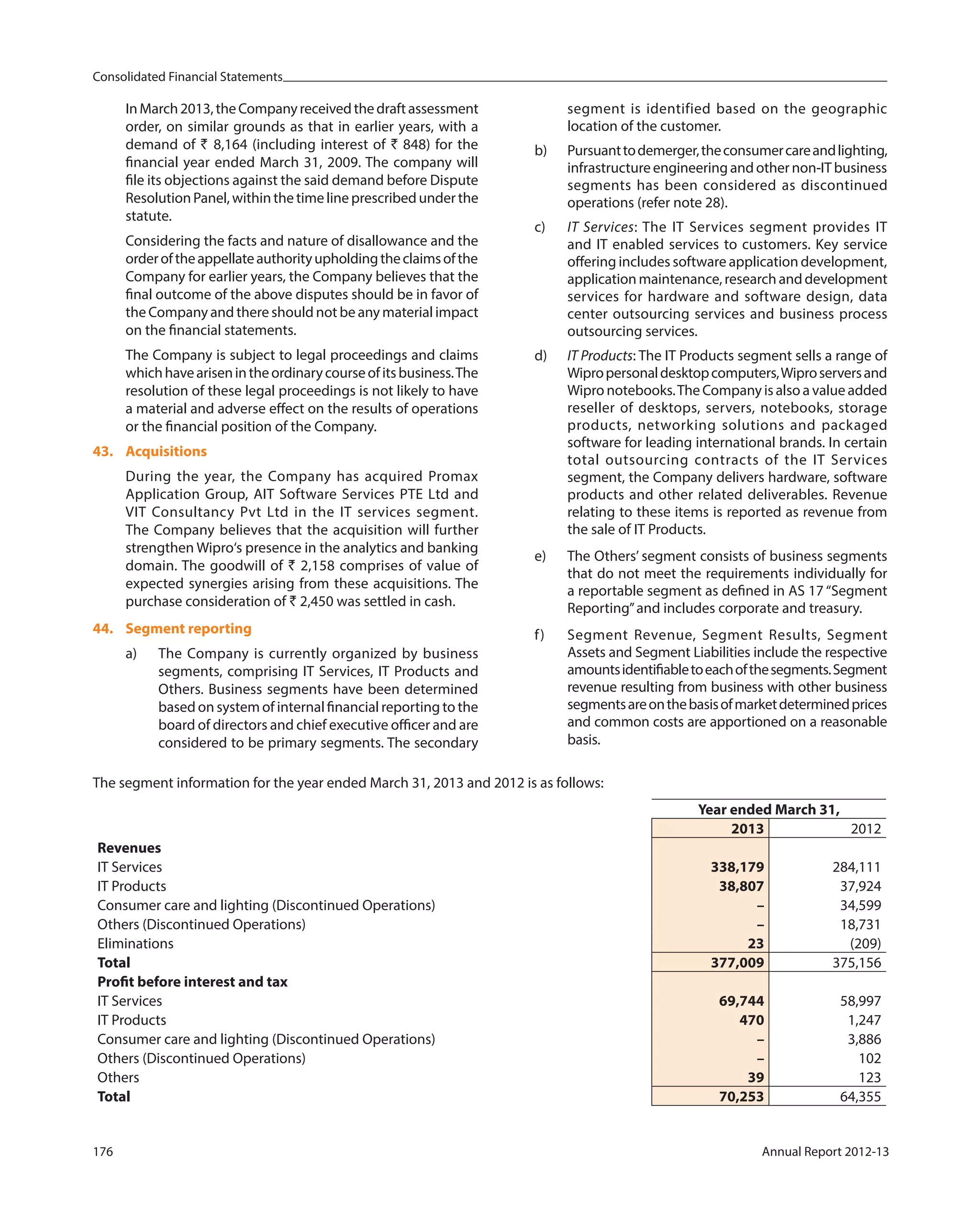 Consolidated Financial Statements
176 Annual Report 2012-13
InMarch2013,theCompanyreceivedthedraftassessment
order, on similar grounds as that in earlier years, with a
demand of ` 8,164 (including interest of ` 848) for the
financial year ended March 31, 2009. The company will
file its objections against the said demand before Dispute
Resolution Panel, within the time line prescribed under the
statute.
Considering the facts and nature of disallowance and the
orderoftheappellateauthorityupholdingtheclaimsofthe
Company for earlier years, the Company believes that the
final outcome of the above disputes should be in favor of
the Company and there should not be any material impact
on the financial statements.
The Company is subject to legal proceedings and claims
whichhavearisenintheordinarycourseofitsbusiness.The
resolution of these legal proceedings is not likely to have
a material and adverse effect on the results of operations
or the financial position of the Company.
43. Acquisitions
During the year, the Company has acquired Promax
Application Group, AIT Software Services PTE Ltd and
VIT Consultancy Pvt Ltd in the IT services segment.
The Company believes that the acquisition will further
strengthen Wipro‘s presence in the analytics and banking
domain. The goodwill of ` 2,158 comprises of value of
expected synergies arising from these acquisitions. The
purchase consideration of ` 2,450 was settled in cash.
44. Segment reporting
a) The Company is currently organized by business
segments, comprising IT Services, IT Products and
Others. Business segments have been determined
based on system of internal financial reporting to the
board of directors and chief executive officer and are
considered to be primary segments. The secondary
segment is identified based on the geographic
location of the customer.
b) Pursuanttodemerger,theconsumercareandlighting,
infrastructure engineering and other non-IT business
segments has been considered as discontinued
operations (refer note 28).
c) IT Services: The IT Services segment provides IT
and IT enabled services to customers. Key service
offering includes software application development,
application maintenance, research and development
services for hardware and software design, data
center outsourcing services and business process
outsourcing services.
d) IT Products: The IT Products segment sells a range of
Wipropersonaldesktopcomputers,Wiproserversand
Wipro notebooks.The Company is also a value added
reseller of desktops, servers, notebooks, storage
products, networking solutions and packaged
software for leading international brands. In certain
total outsourcing contracts of the IT Services
segment, the Company delivers hardware, software
products and other related deliverables. Revenue
relating to these items is reported as revenue from
the sale of IT Products.
e) The Others’ segment consists of business segments
that do not meet the requirements individually for
a reportable segment as defined in AS 17 “Segment
Reporting”and includes corporate and treasury.
f) Segment Revenue, Segment Results, Segment
Assets and Segment Liabilities include the respective
amountsidentifiabletoeachofthesegments.Segment
revenue resulting from business with other business
segmentsareonthebasisofmarketdeterminedprices
and common costs are apportioned on a reasonable
basis.
The segment information for the year ended March 31, 2013 and 2012 is as follows:
Year ended March 31,
2013 2012
Revenues
IT Services 338,179 284,111
IT Products 38,807 37,924
Consumer care and lighting (Discontinued Operations) – 34,599
Others (Discontinued Operations) – 18,731
Eliminations 23 (209)
Total 377,009 375,156
Profit before interest and tax
IT Services 69,744 58,997
IT Products 470 1,247
Consumer care and lighting (Discontinued Operations) – 3,886
Others (Discontinued Operations) – 102
Others 39 123
Total 70,253 64,355
 