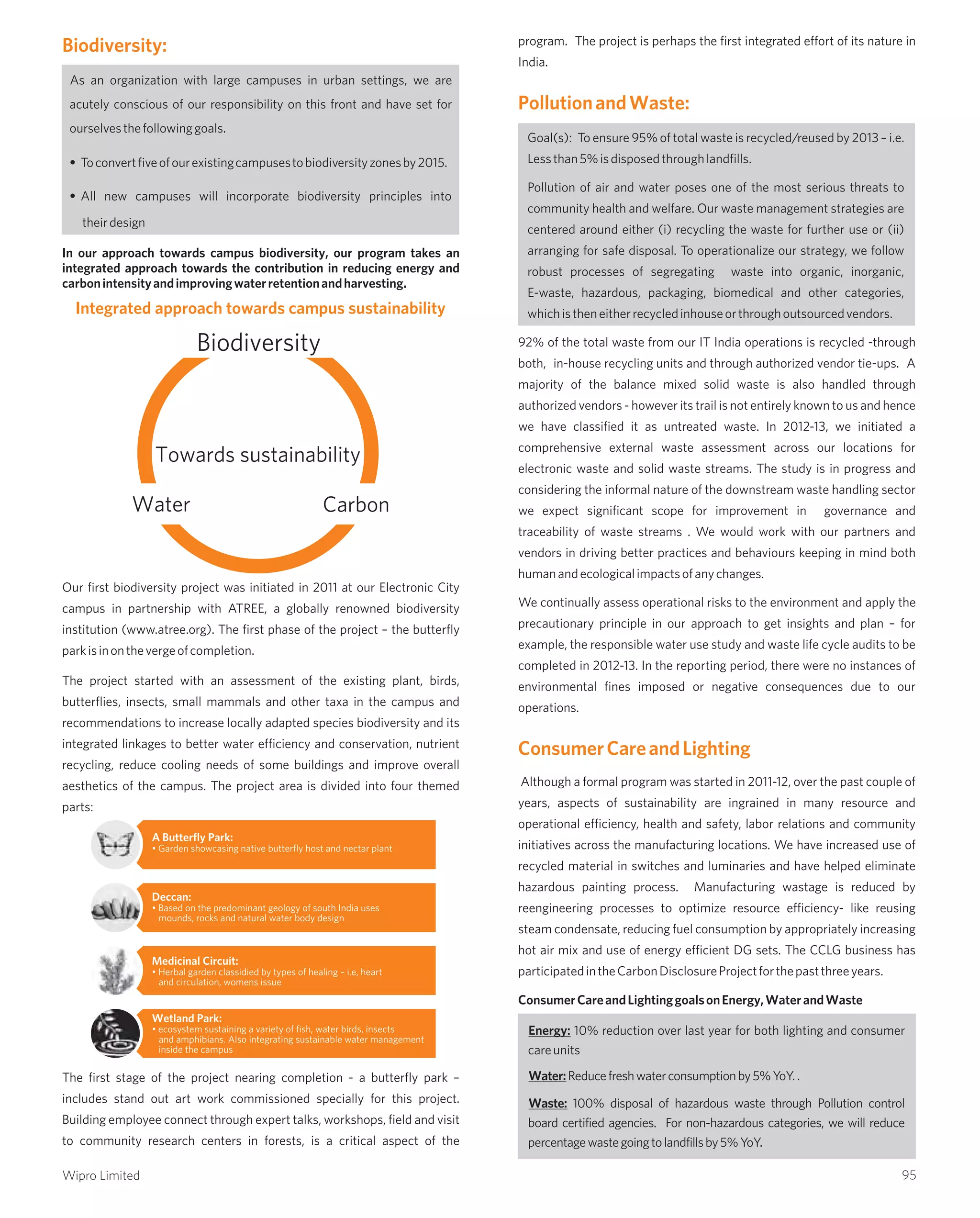 Biodiversity:
As an organization with large campuses in urban settings, we are
acutely conscious of our responsibility on this front and have set for
ourselvesthefollowinggoals.
• Toconvertfiveofourexistingcampusestobiodiversityzonesby2015.
• All new campuses will incorporate biodiversity principles into
theirdesign
In our approach towards campus biodiversity, our program takes an
integrated approach towards the contribution in reducing energy and
carbonintensityandimprovingwaterretentionandharvesting.
Our first biodiversity project was initiated in 2011 at our Electronic City
campus in partnership with ATREE, a globally renowned biodiversity
institution (www.atree.org). The first phase of the project – the butterfly
parkisinonthevergeofcompletion.
The project started with an assessment of the existing plant, birds,
butterflies, insects, small mammals and other taxa in the campus and
recommendations to increase locally adapted species biodiversity and its
integrated linkages to better water efficiency and conservation, nutrient
recycling, reduce cooling needs of some buildings and improve overall
aesthetics of the campus. The project area is divided into four themed
parts:
The first stage of the project nearing completion - a butterfly park –
includes stand out art work commissioned specially for this project.
Building employee connect through expert talks, workshops, field and visit
to community research centers in forests, is a critical aspect of the
program. The project is perhaps the first integrated effort of its nature in
India.
Goal(s): To ensure 95% of total waste is recycled/reused by 2013 – i.e.
Lessthan5%isdisposedthroughlandfills.
Pollution of air and water poses one of the most serious threats to
community health and welfare. Our waste management strategies are
centered around either (i) recycling the waste for further use or (ii)
arranging for safe disposal. To operationalize our strategy, we follow
robust processes of segregating waste into organic, inorganic,
E-waste, hazardous, packaging, biomedical and other categories,
whichistheneitherrecycledinhouseorthroughoutsourcedvendors.
92% of the total waste from our IT India operations is recycled -through
both, in-house recycling units and through authorized vendor tie-ups. A
majority of the balance mixed solid waste is also handled through
authorized vendors - however its trail is not entirely known to us and hence
we have classified it as untreated waste. In 2012-13, we initiated a
comprehensive external waste assessment across our locations for
electronic waste and solid waste streams. The study is in progress and
considering the informal nature of the downstream waste handling sector
we expect significant scope for improvement in governance and
traceability of waste streams . We would work with our partners and
vendors in driving better practices and behaviours keeping in mind both
humanandecologicalimpactsofanychanges.
We continually assess operational risks to the environment and apply the
precautionary principle in our approach to get insights and plan – for
example, the responsible water use study and waste life cycle audits to be
completed in 2012-13. In the reporting period, there were no instances of
environmental fines imposed or negative consequences due to our
operations.
Although a formal program was started in 2011-12, over the past couple of
years, aspects of sustainability are ingrained in many resource and
operational efficiency, health and safety, labor relations and community
initiatives across the manufacturing locations. We have increased use of
recycled material in switches and luminaries and have helped eliminate
hazardous painting process. Manufacturing wastage is reduced by
reengineering processes to optimize resource efficiency- like reusing
steam condensate, reducing fuel consumption by appropriately increasing
hot air mix and use of energy efficient DG sets. The CCLG business has
participatedintheCarbonDisclosureProjectforthepastthreeyears.
ConsumerCareandLightinggoalsonEnergy,WaterandWaste
Energy: 10% reduction over last year for both lighting and consumer
careunits
Water:Reducefreshwaterconsumptionby5%YoY..
Waste: 100% disposal of hazardous waste through Pollution control
board certified agencies. For non-hazardous categories, we will reduce
percentagewastegoingtolandfillsby5%YoY.
PollutionandWaste:
ConsumerCareandLighting
Integrated approach towards campus sustainability
A Butterfly Park:
• Garden showcasing native butterfly host and nectar plant
Deccan:
• Based on the predominant geology of south India uses
mounds, rocks and natural water body design
Medicinal Circuit:
• Herbal garden classidied by types of healing – i.e, heart
and circulation, womens issue
Wetland Park:
• ecosystem sustaining a variety of fish, water birds, insects
and amphibians. Also integrating sustainable water management
inside the campus
95Wipro Limited
 