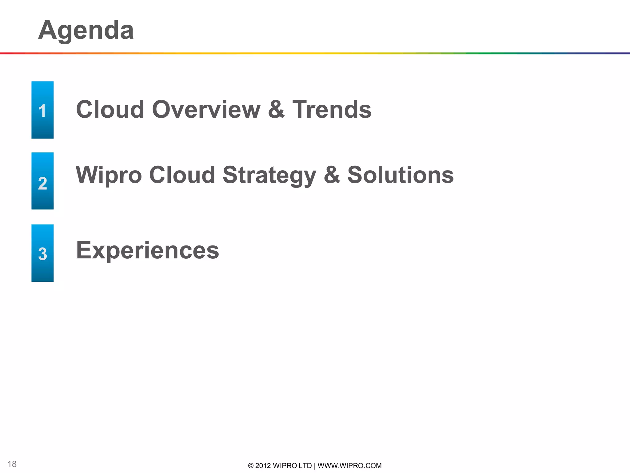 Agenda


       Cloud Overview & Trends

       Wipro Cloud Strategy & Solutions


       Experiences




18                   © 2012 WIPRO LTD | WWW.WIPRO.COM
 